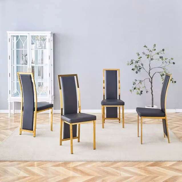 Set di 4 sedie da pranzo in PU nero; bordi dorati; struttura in metallo; altezza 109 cm