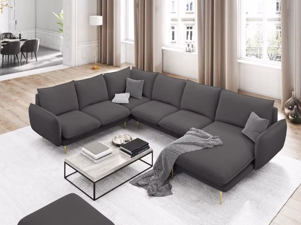 Divano panoramico a L Vienna Cosmopolitan Design da 7 posti in tessuto grigio scuro con dettagli oro – 2
