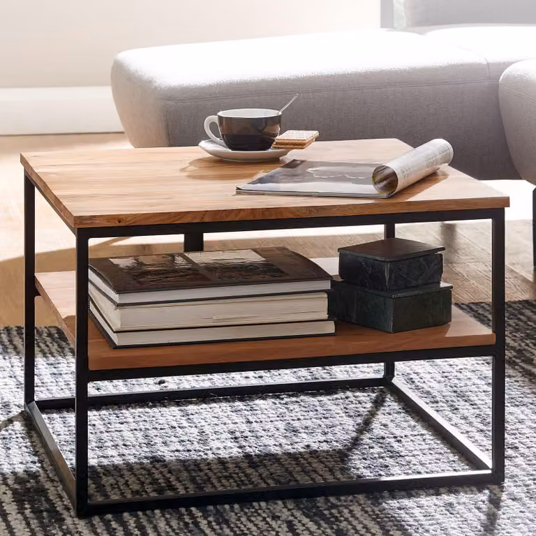 FineBuy Tavolino quadrato 60x60 cm in legno massello di acacia · Tavolino da salotto con struttura in metallo e 2 ripiani · Realizzato a mano in stile industrial design