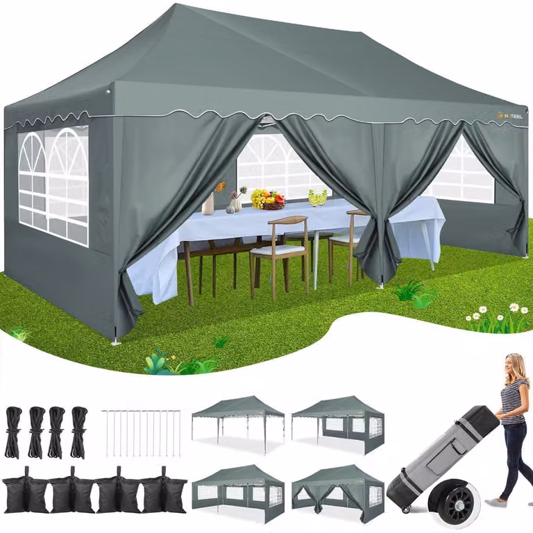 Tenda da campeggio 3x6 metri, impermeabile, con protezione UV50+, colore grigio, con 6 pareti laterali e borsa portaoggetti integrata