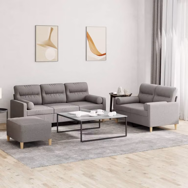 Set di Divani vidaXL 3 Pezzi con Ottoman in Tessuto Beige e Grigio per Soggiorno