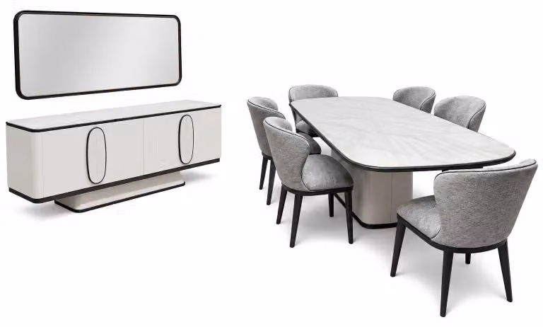 Set completo da pranzo con 6 sedie e credenza da sala da pranzo con specchio