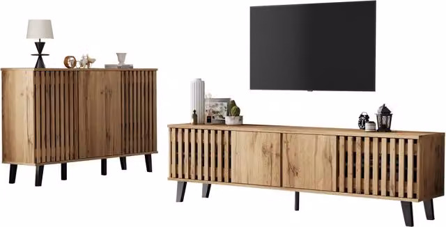 Set di mobili da soggiorno con mobile TV e credenza, vani aperti e ante integrate, in truciolare color legno naturale
