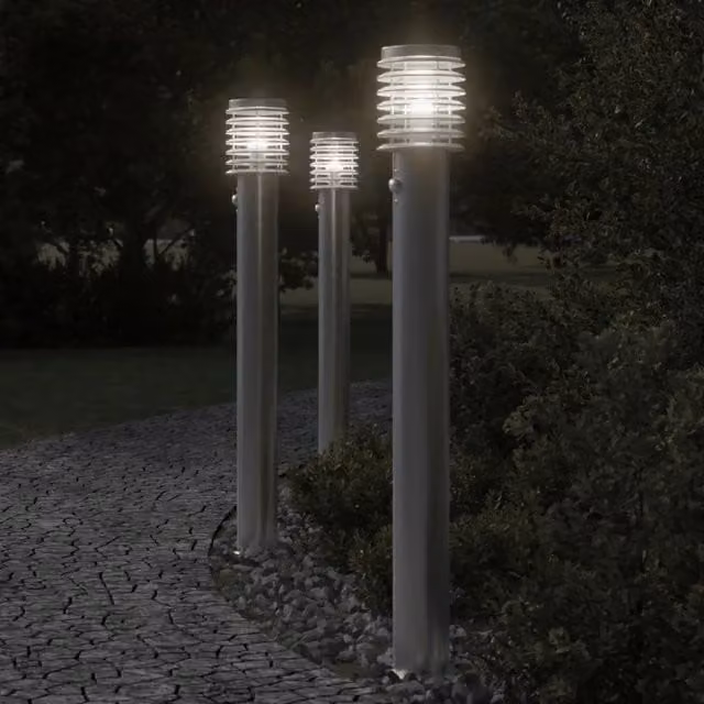 Set di 3 Lampade da Terra per Esterni vidaXL con Sensore di Movimento in Acciaio Inox e Plastica, Colore Argento, Altezza: 110 cm – 1
