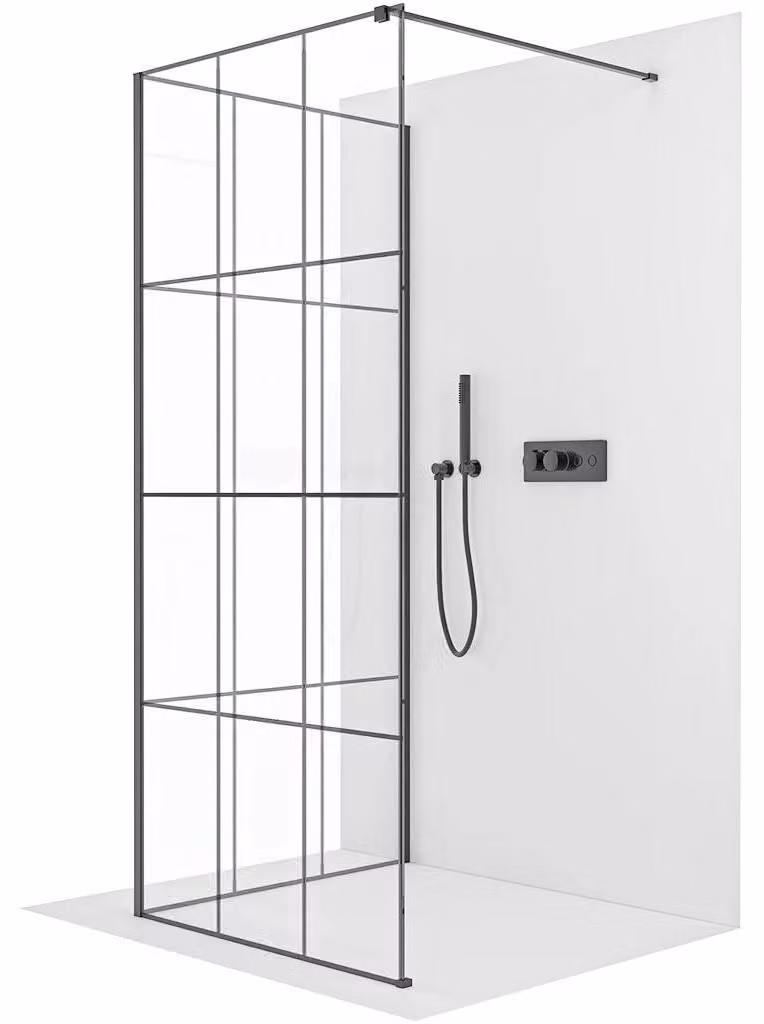 Pannello doccia angolare Walk-in Onyx, modello Cube, destro/sinistro - 8 mm - montante quadrato - vetro nero opaco, stile industriale - 120x120x200 cm