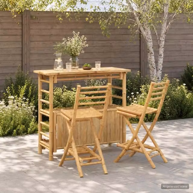 Set da bar da esterno vidaXL composto da tavolo rettangolare e 2 sgabelli in bambù color beige – 1