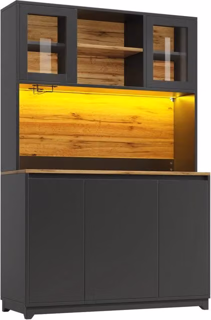 Sideboard Nero con Luci LED, 120x40x180 cm, Armadio da Cucina con Ante in Acrilico e Spazio di Conservazione