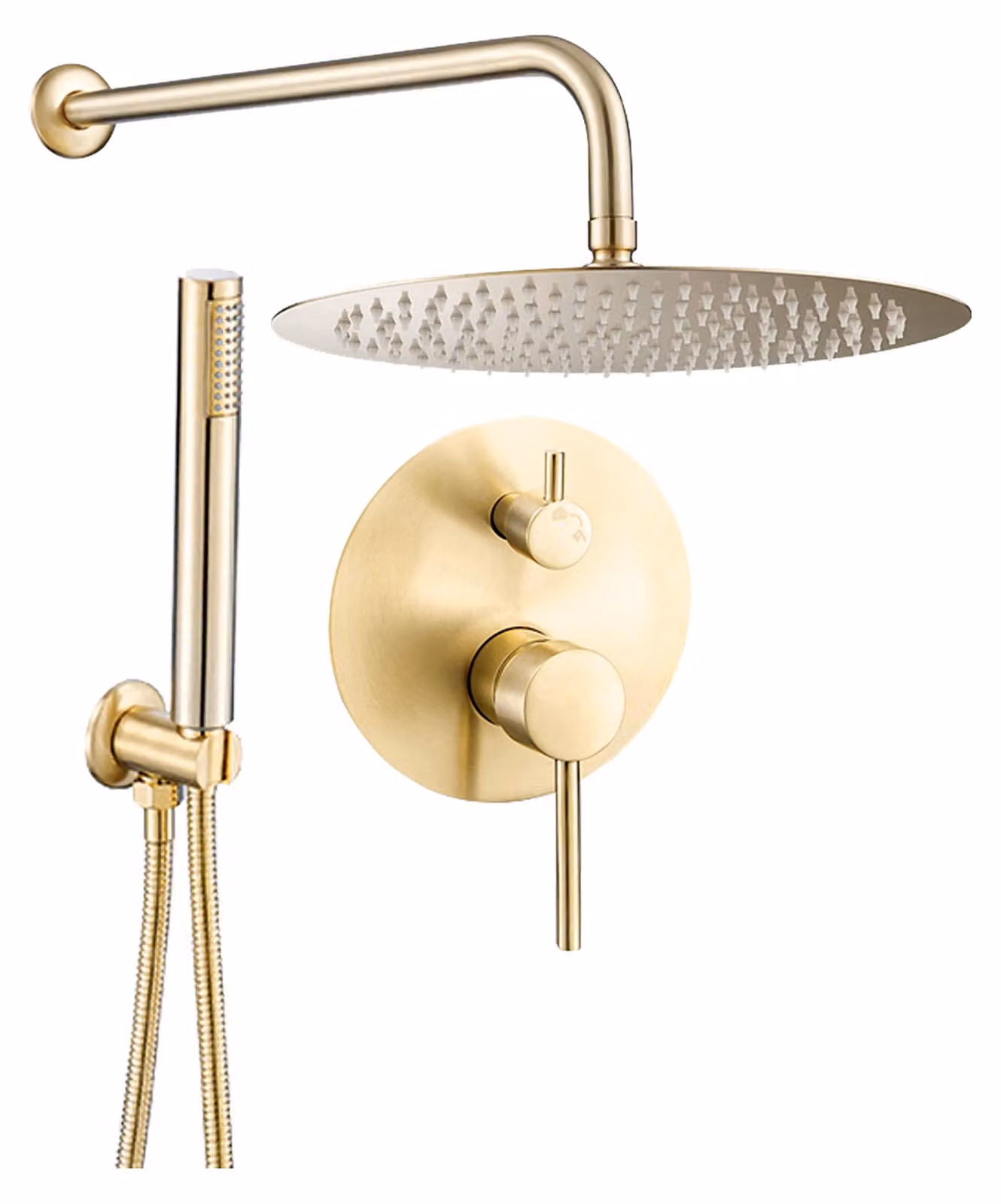 Doccia a soffione Inbau, diametro 25 cm, a due getti, finitura oro spazzolato, forma rotonda