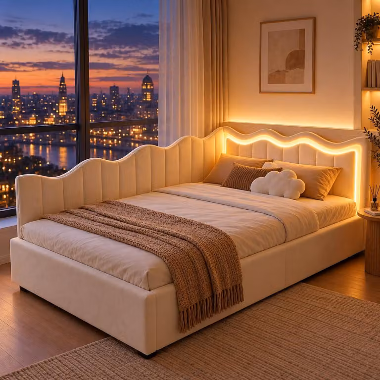 INONEFT, divano letto a giorno per bambini, 90x200 cm, divano letto imbottito con LED, spazio contenitore con sistema idraulico, letto singolo in velluto per camerette, bianco