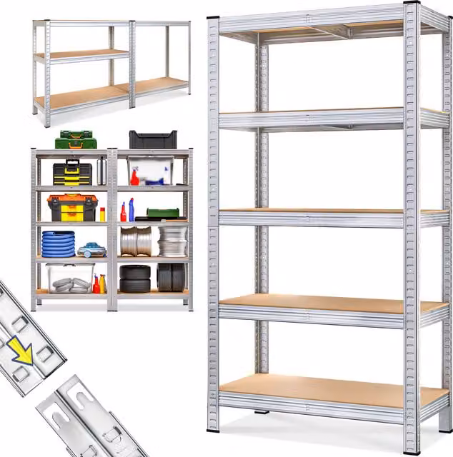 Scaffale industriale Monzana in metallo e MDF color argento con ripiani regolabili H 180 x L 90 x P 40 cm