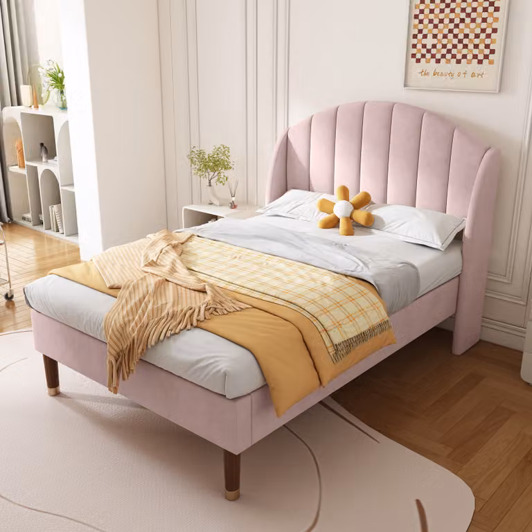 Flieks letto singolo letto per ragazzi 90x200cm letto imbottito con rete a doghe, letto in legno massiccio in velluto, letto per bambini letto per ospiti, rosa