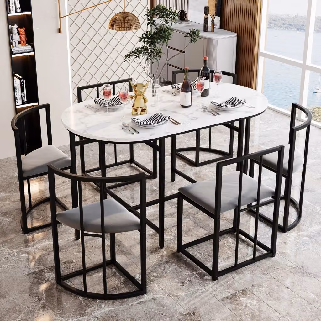 Set tavolo da pranzo WISHDOR con 6 sedie, piano ovale in MDF bianco lucido e struttura in metallo nero, sedute in velluto grigio, L: 140 cm, P: 76 cm, H: 76 cm – 2