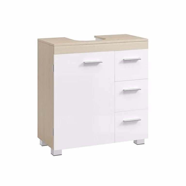 Mobile Sottolavabo per Bagno con Cassetti e Anta, Bianco Nuvola + Beige Naturale / 60L cm