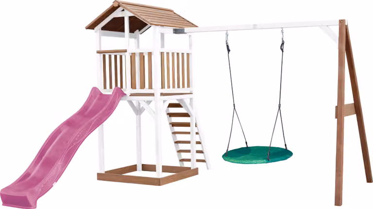 AXI Beach Tower parco giochi in legno in marrone e bianco | Torre di gioco con sabbiera, altalena a nido e scivolo viola | Casa per bambini su palafitte per il giardino