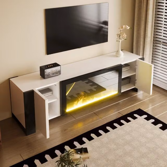 Mobile TV con caminetto elettrico decorativo effetto fiamma e 2 ante push to open bianco e nero 165 × 55 × 32 cm
