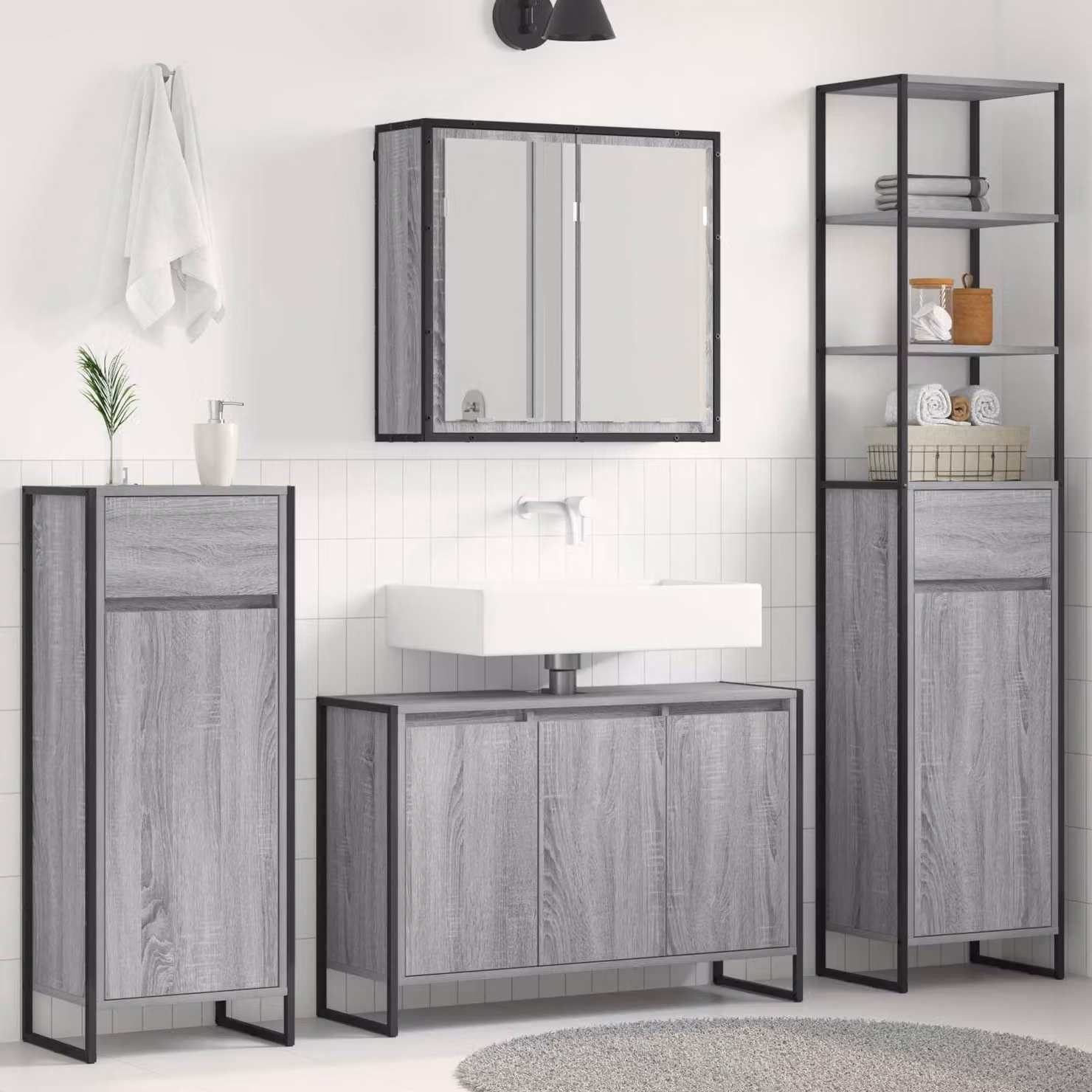Set di mobili per il bagno moderno vidaXL in 4 pezzi Grigio con base lavabo, pensili e specchio