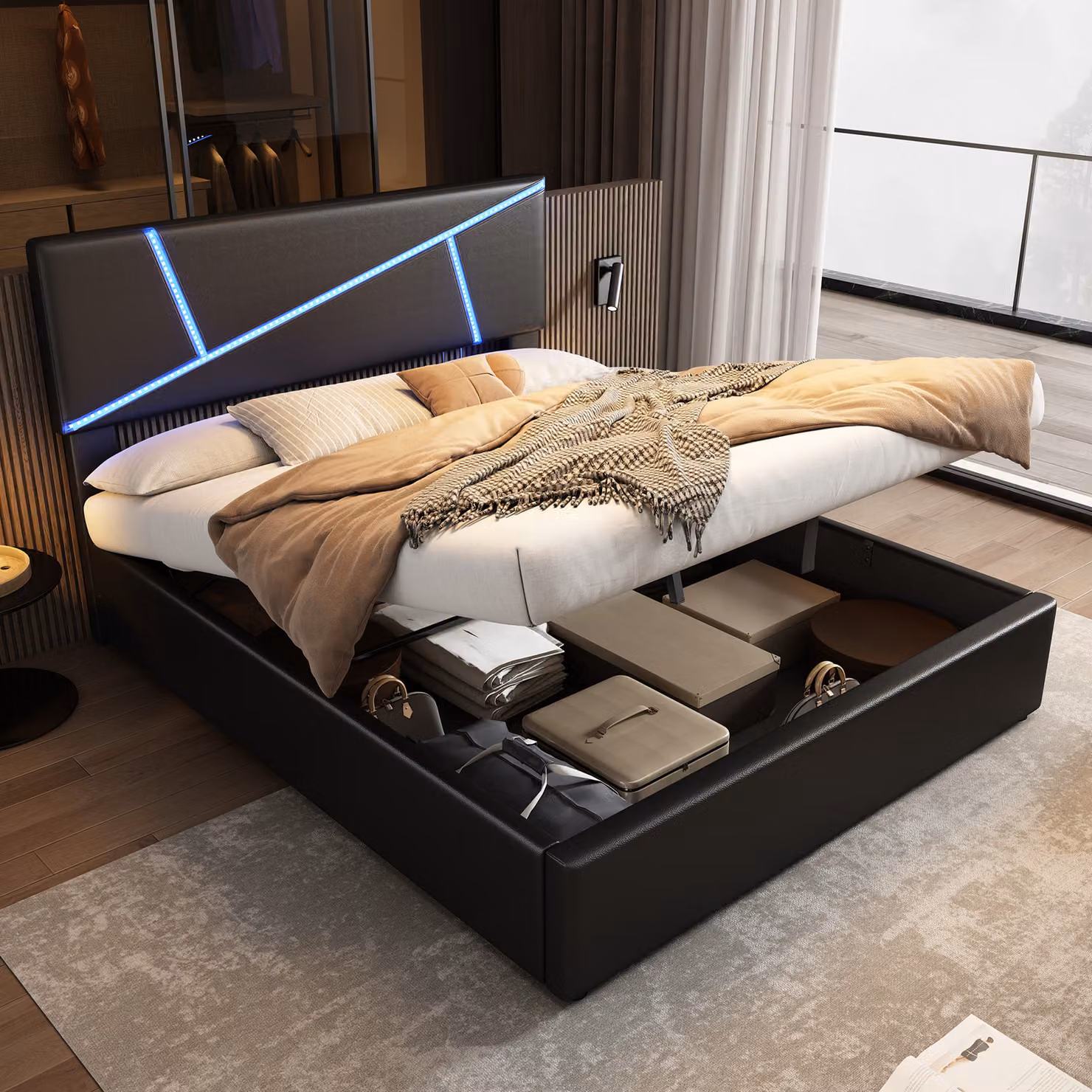 Letto imbottito Merax 140x200cm con illuminazione LED e testata regolabile in altezza, letto contenitore idraulico, letto matrimoniale in Pelle finta, letto funzionale, nero