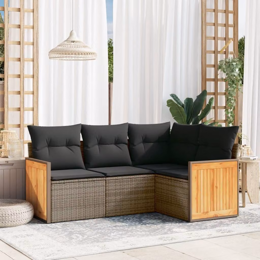 vidaXL Set di Divani da Giardino a L 4 pz in Polyrattan e Legno di Acacia Grigio con Cuscini Imbottiti e Rivestimenti Rimovibili – 1