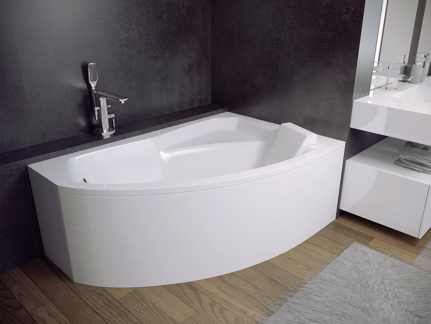 Vasca da bagno angolare 170x110 destra con grembiule in acrilico, set di scarico e piedini GRATIS | set completo 5in1 originale sifone per vasca da bagno in acrilico | BADLAND RIMA