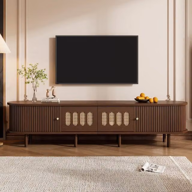 Mobile TV ovale 180x40x40 cm, design rattan noce scuro, MDF. 2 cassetti, 1 anta a rullo. Portata 30 kg. Mobile basso soggiorno