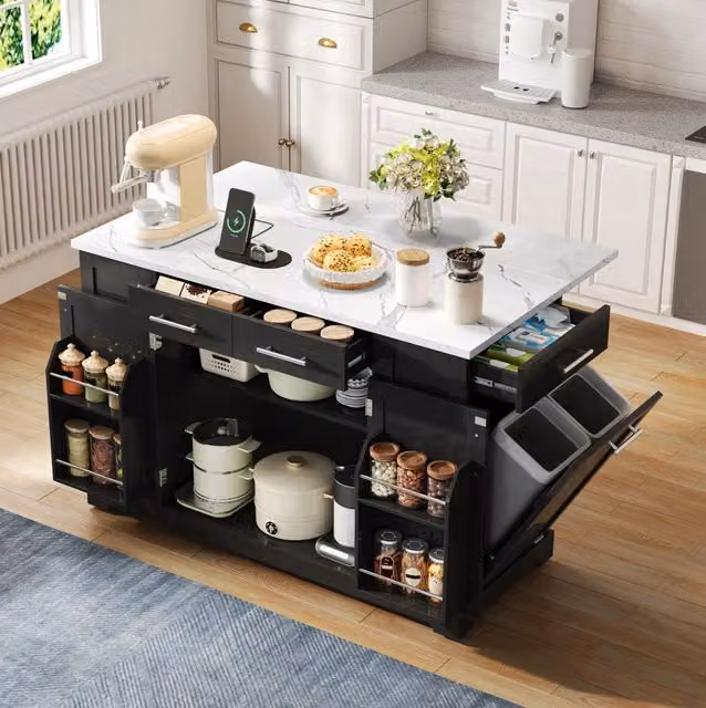 Isola cucina moderna 138 cm con piano in marmo, ripiani regolabili, prese EU, ruote silenziose e vano estraibile per rifiuti nero