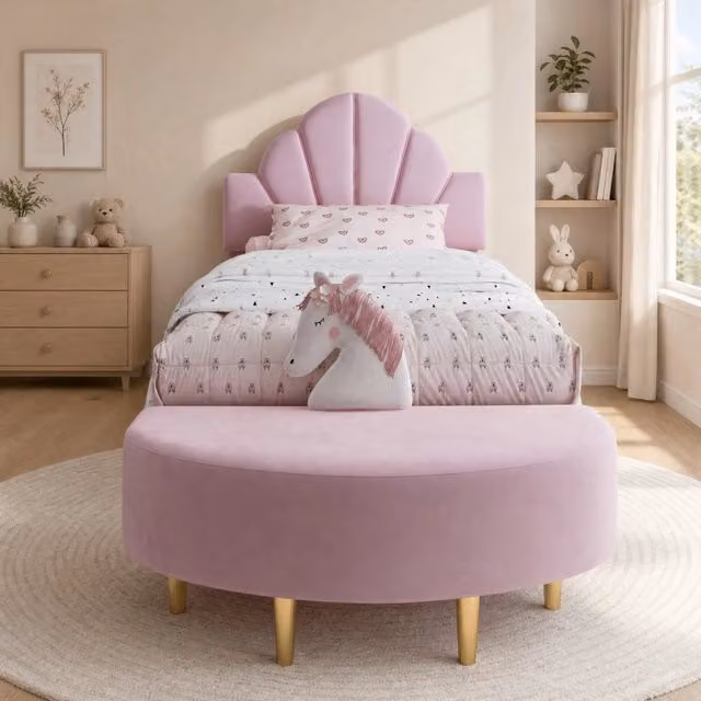 Letto singolo imbottito rosa con testiera in velluto e panca abbinata 90x200 cm