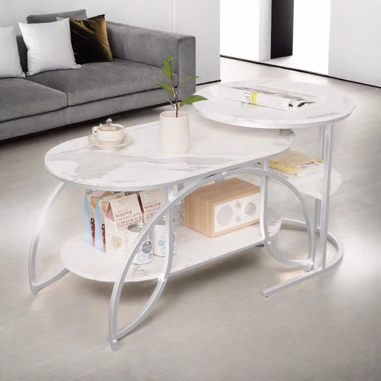 Set di 2 tavolini da salotto ProximaX, tavolino rotondo in marmo, gambe in metallo, stile industriale, tavolini da salotto (80x46x45 + 52x52x51 cm)
