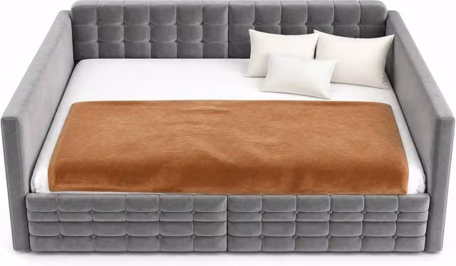 Letto imbottito 140x190 in velluto grigio con testiera trapuntata, 2 cassetti e tasche laterali, rete a doghe stabile, ideale per camera ospiti