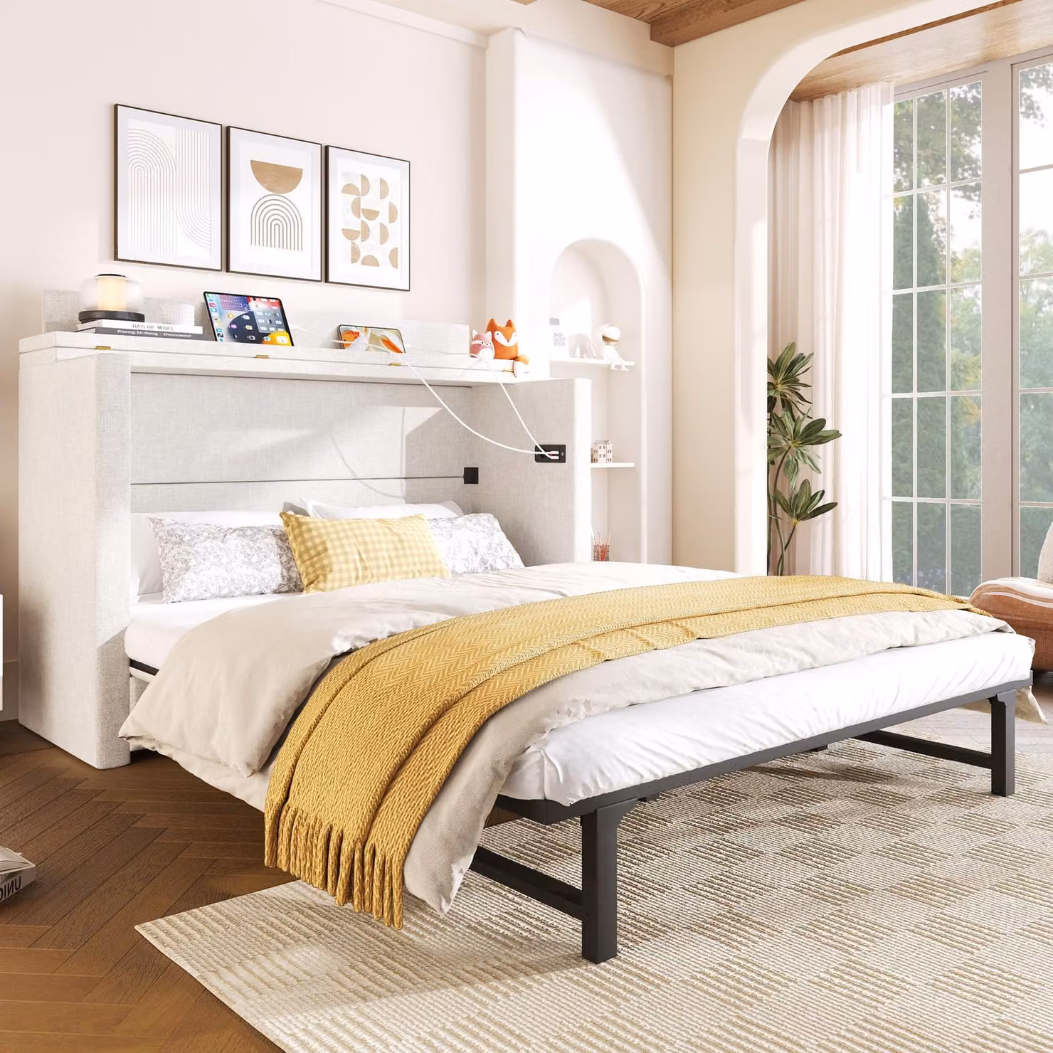 Letto a scomparsa Merax 140x200 cm, letto a scomparsa con USB e tipo C, 1 cassetto, trasformabile e mobile Letto pieghevole, letto a scomparsa, letto a piattaforma, lino, beige