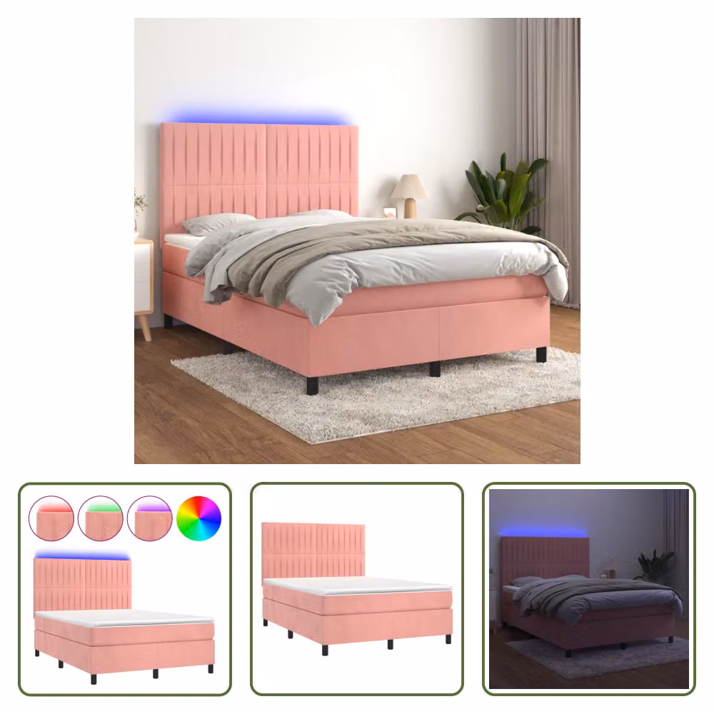 The Living Store Letto a molle con materasso e LED Rosa 140x200 cm Velluto