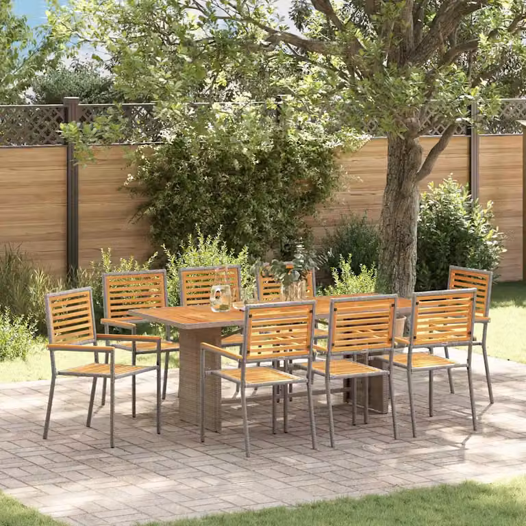 Set da pranzo per giardino e terrazza vidaXL in polyrattan e legno di acacia, 9 pezzi, Grigio e Marrone