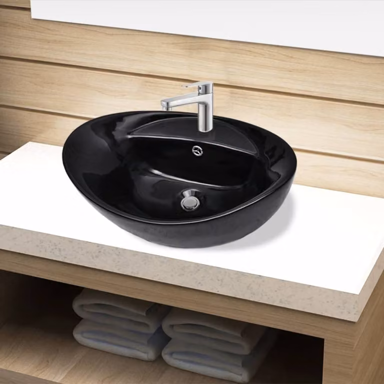 Lavabo in Vetroceramica foro rubinetto/foro sfioratore nero ovale