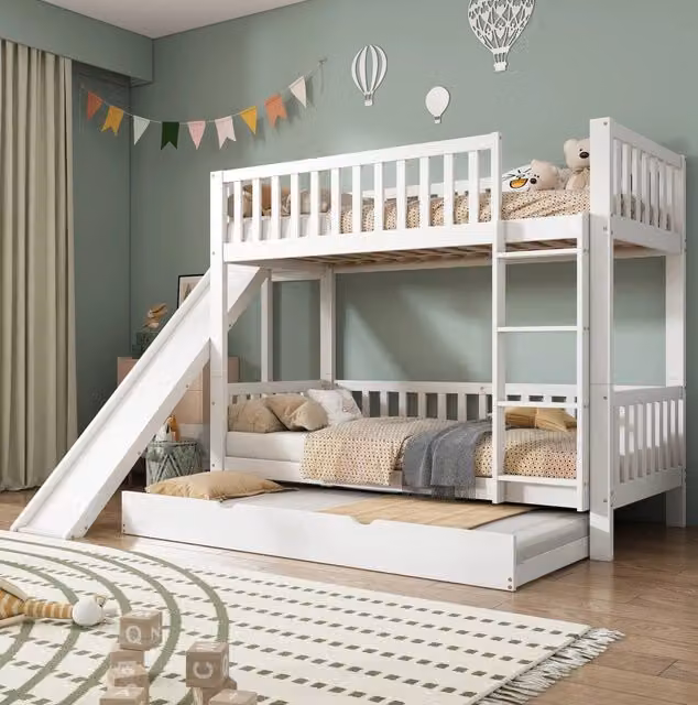 Letto a castello bianco per bambini con letto estraibile 90x200/90x190 cm, scivolo e scaletta a 4 gradini in MDF e pino