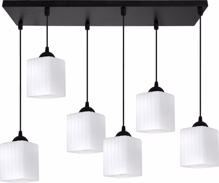 Lampada a sospensione Riffle nera a 6 luci con paralumi cubici bianchi E27 – lampada da soffitto moderna per un'illuminazione interna elegante