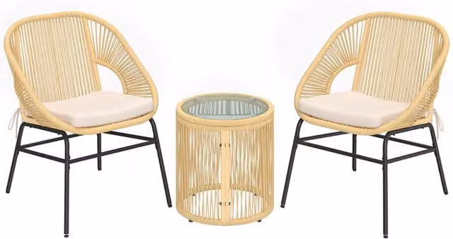 Set 3 Pezzi da Pranzo Bistrò con 2 Sedie Tavolo Rotondo con Piano in Vetro Temperato in Rattan e Acciaio Beige