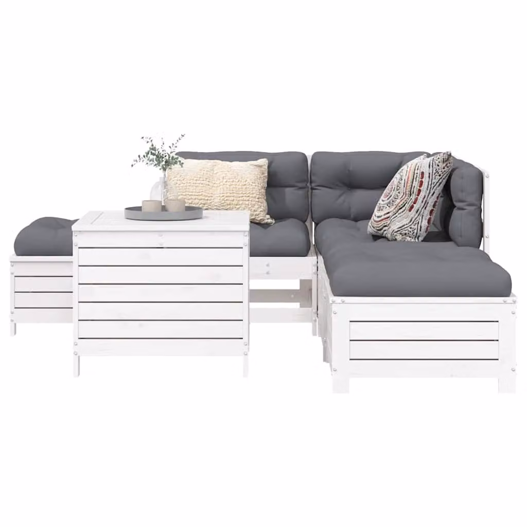 Set di divani da giardino vidaXL in legno di pino bianco con cuscini, composizione a L con tavolo e pouf, 6 pezzi
