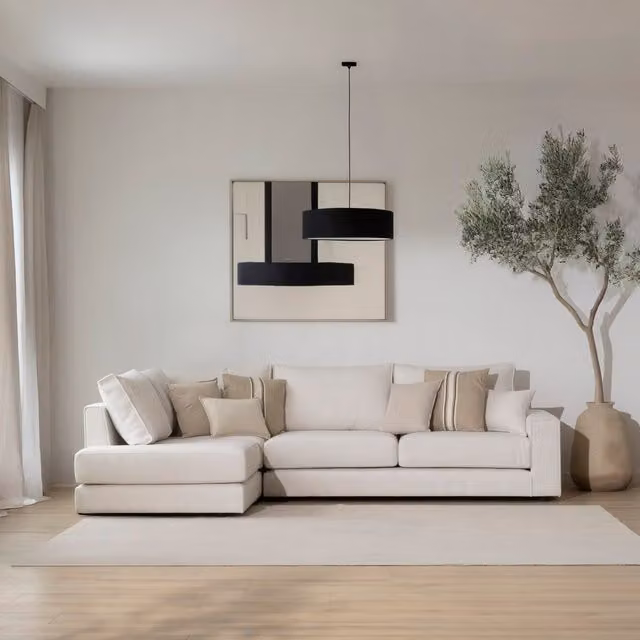 Sofà letto Neo Banak a 4 posti con chaise longue sinistra, modello moderno in tessuto beige personalizzabile