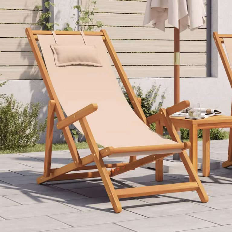 Sedia pieghevole da giardino vidaXL in legno di eucalipto e tessuto beige con cuscino impermeabile