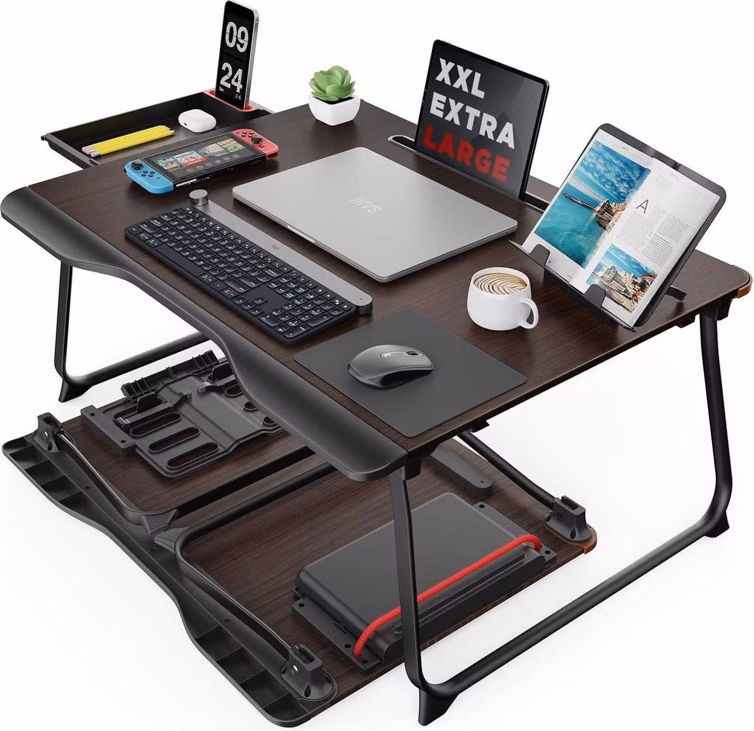 SAIJI Tavolo per laptop XXL pieghevole per letto con cassetto e poggia mano - Nero