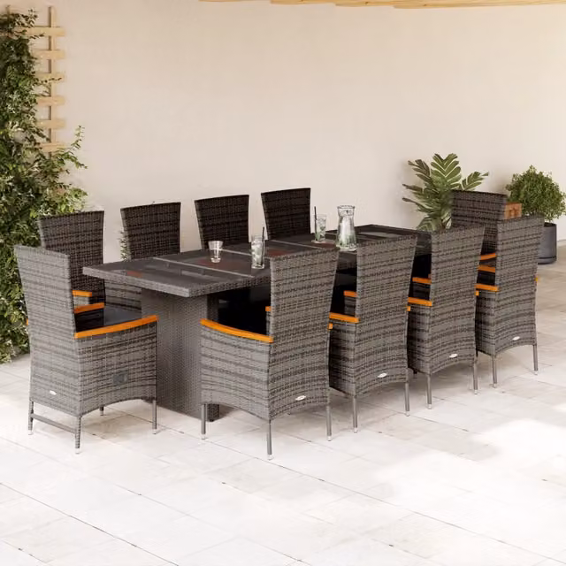 Set da pranzo da giardino vidaXL in polyrattan e legno di acacia con piano in vetro, 11 pezzi, Grigio e Nero