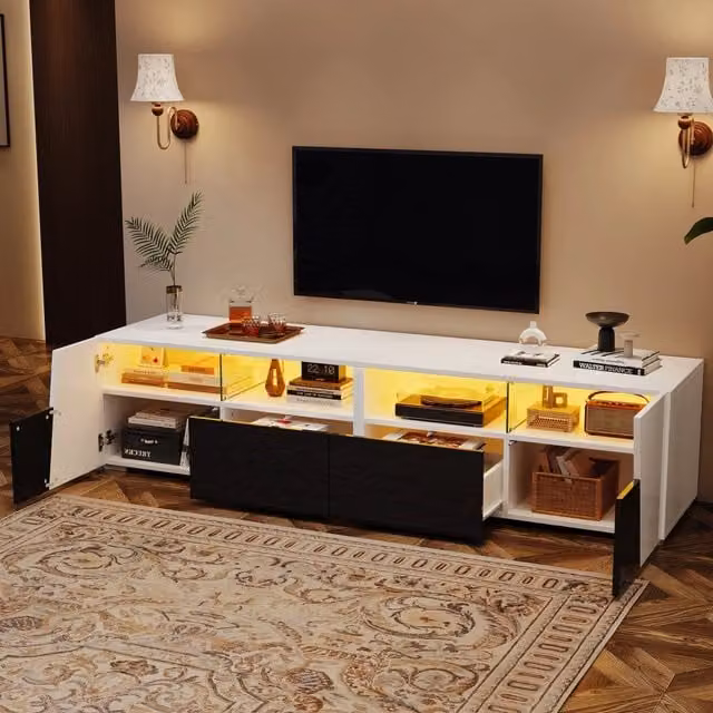 Mobile TV Zephmum Bianco e Nero con illuminazione LED integrata, 2 cassetti e 2 ante, finitura lucida, L: 180 cm, P: 38,5 cm, H: 45 cm