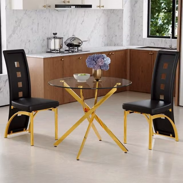 Tavolo da pranzo in vetro temperato con 2 sedie in PU, struttura in metallo, per sala da pranzo, nero e oro, 88 cm