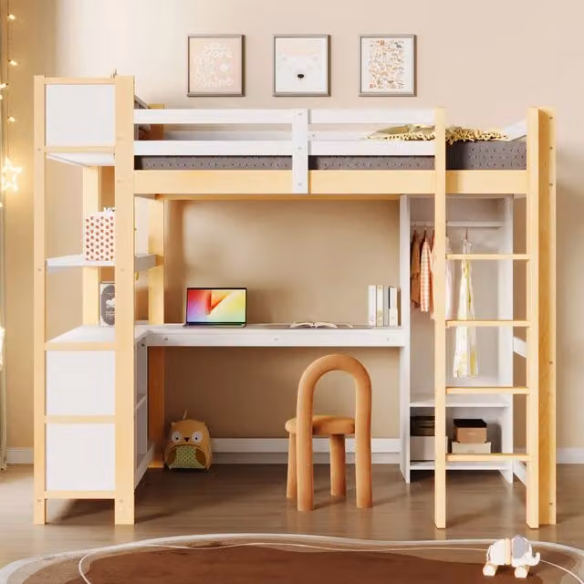Letto a soppalco 140 × 200 cm con scrivania, ripiani e armadio, senza materasso, per bambini dai 6 anni, in pino, naturale