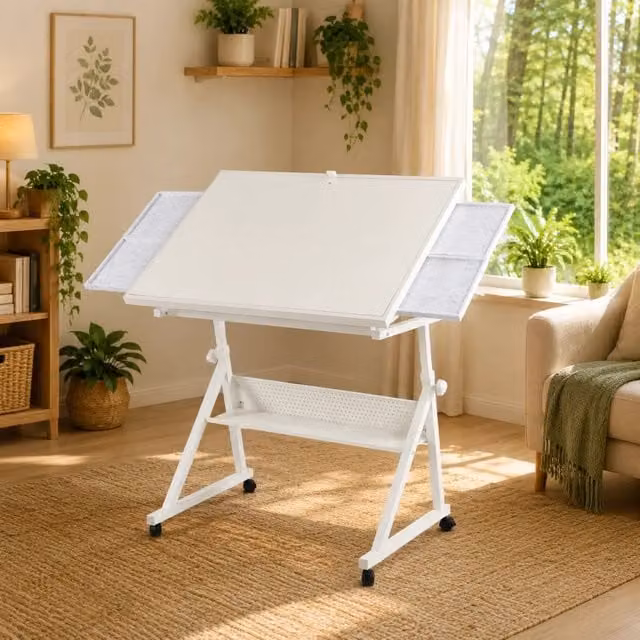 Tavolo per puzzle regolabile in altezza e inclinazione in MDF e metallo bianco