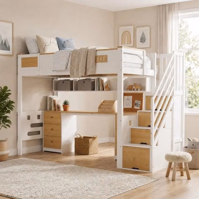 Letto a soppalco 90x200 cm bianco naturale con scrivania e scala contenitore