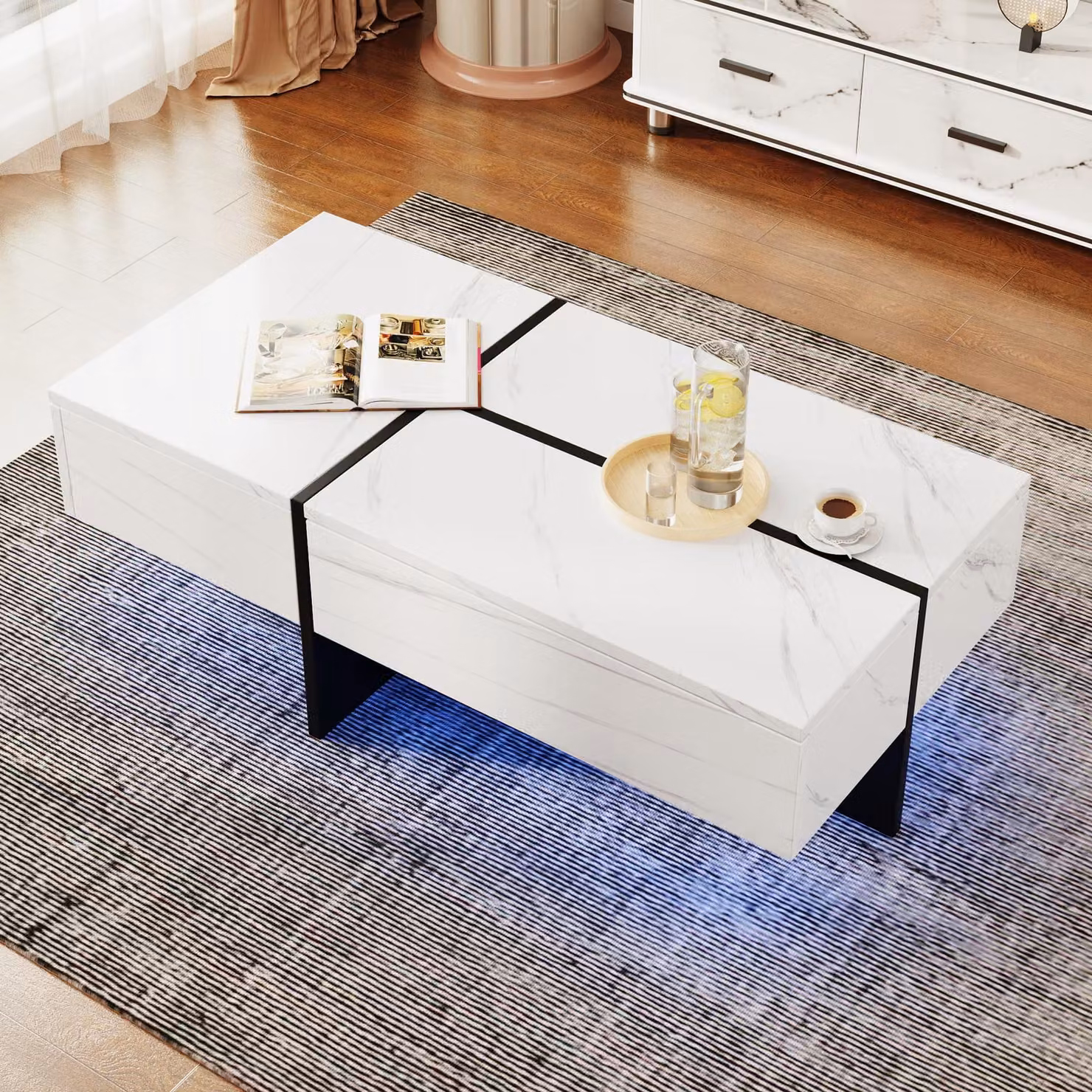Tavolino Sweiko lucido, struttura in finto marmo bianco e tavolino coordinato nero, arredamento per il soggiorno, 100x50x34,5 cm, con sistema di illuminazione a LED controllato da app