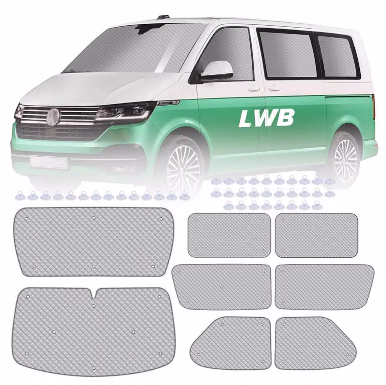 Set di tappetini termici per cabina guida, compatibile con furgone VW T4 a passo lungo, ideale per camper, composto da 8 pezzi. Include parasole, protezione per parabrezza e sacca portaoggetti