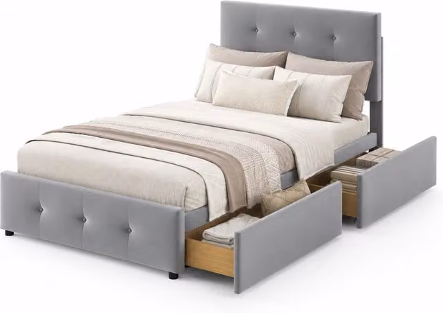 Letto singolo imbottito 90x200 cm con rete a doghe e cassetto; velluto grigio