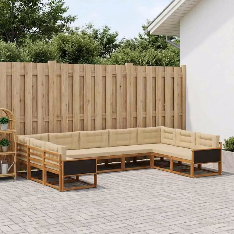 Set di divani da esterno vidaXL a forma di L in legno di acacia con cuscini, 9 pezzi, Beige e Marrone