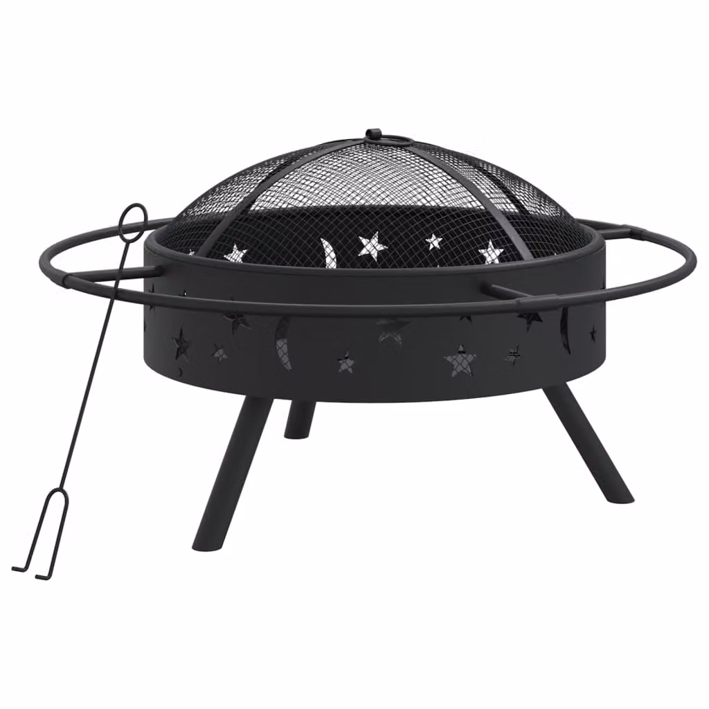 The Living Store Ciotola da fuoco con attizzatoio 70 cm XXL in acciaio
